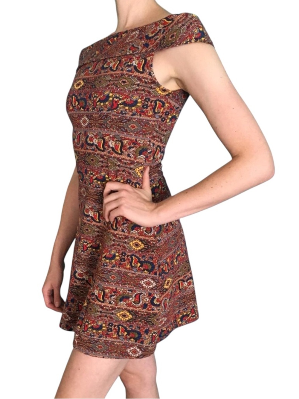 Zara Aztec Paisley Floral multicolor geo print off shoulder jacquard mini dress
